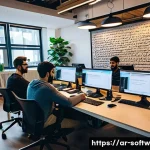 Home 22 오픈소스 소프트웨어의 유지보수 방법 - An Arabic software development team collaborating in a modern, well-lit office space filled with div...