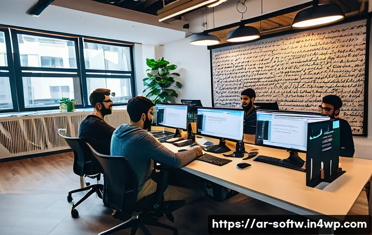 오픈소스 소프트웨어의 유지보수 방법 - An Arabic software development team collaborating in a modern, well-lit office space filled with div...