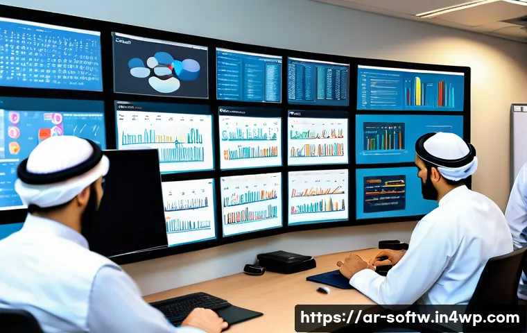 오픈소스 소프트웨어와 산업별 사례 - A modern Middle Eastern office scene showing a diverse team of Arab software developers collaborativ...