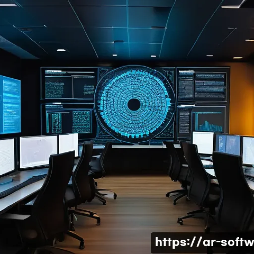 오픈소스 소프트웨어와 정보 보호 - A modern, high-tech cybersecurity control room set in a Middle Eastern office environment, featuring...