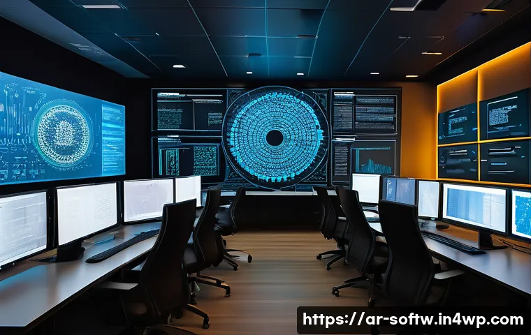 오픈소스 소프트웨어와 정보 보호 - A modern, high-tech cybersecurity control room set in a Middle Eastern office environment, featuring...