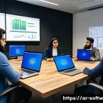 Home 19 오픈소스 소프트웨어 라이센스 종류 비교 - A professional Middle Eastern software development team gathered around a modern conference table in...