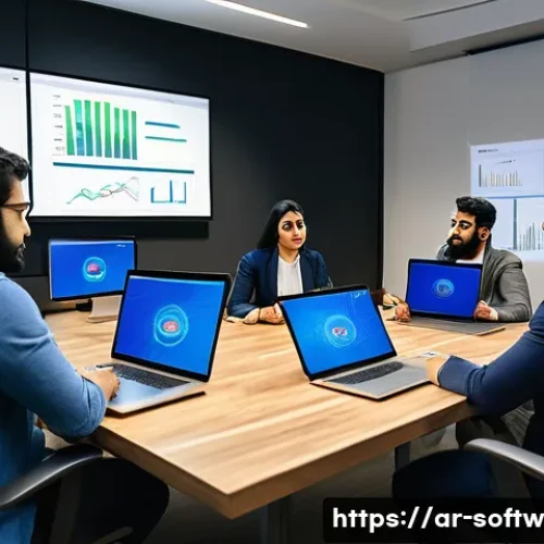 Home 31 오픈소스 소프트웨어 라이센스 종류 비교 - A professional Middle Eastern software development team gathered around a modern conference table in...