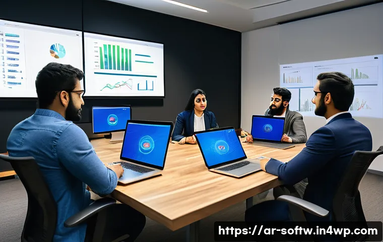 오픈소스 소프트웨어 라이센스 종류 비교 - A professional Middle Eastern software development team gathered around a modern conference table in...