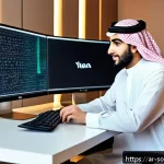 Home 18 오픈소스 소프트웨어의 다양한 활용 방안 - A modern Arab tech workspace featuring a young Arab software developer sitting at a sleek desk with ...
