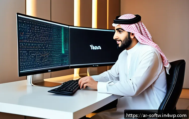 오픈소스 소프트웨어의 다양한 활용 방안 - A modern Arab tech workspace featuring a young Arab software developer sitting at a sleek desk with ...
