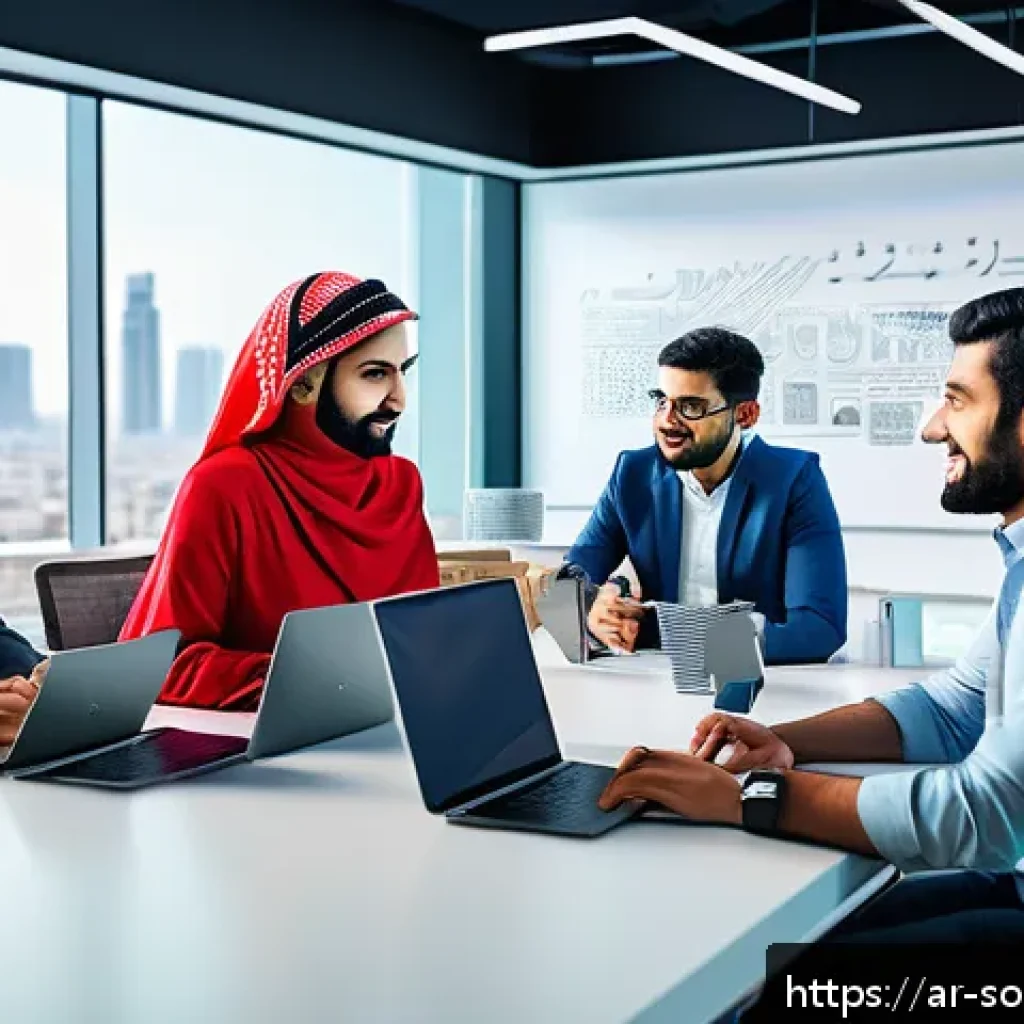 오픈소스 소프트웨어의 프로젝트 관리 도구 - A vibrant, modern digital workspace scene showing a diverse Arab software development team collabora...