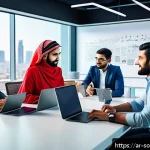 Home 23 오픈소스 소프트웨어의 프로젝트 관리 도구 - A vibrant, modern digital workspace scene showing a diverse Arab software development team collabora...