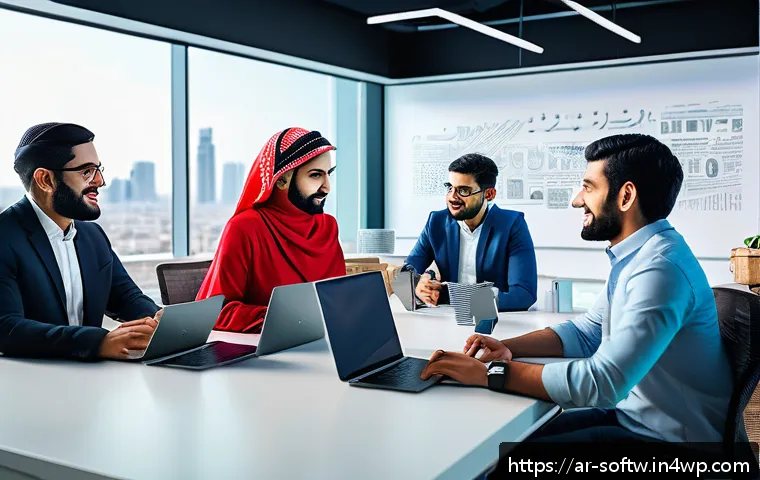 오픈소스 소프트웨어의 프로젝트 관리 도구 - A vibrant, modern digital workspace scene showing a diverse Arab software development team collabora...